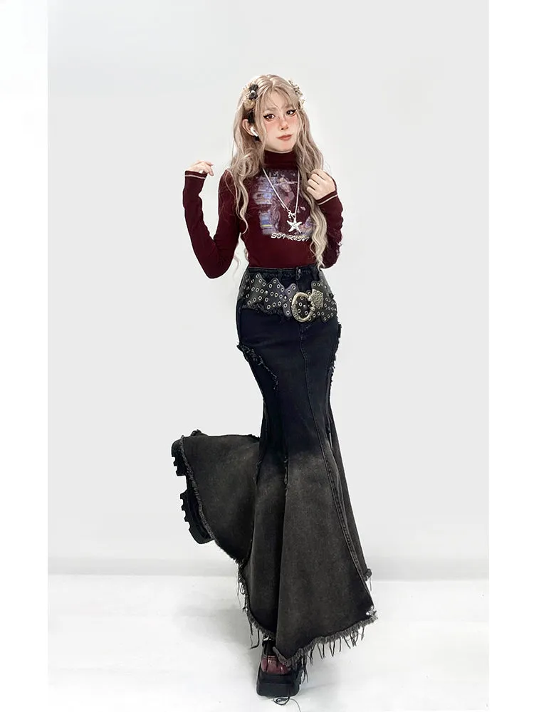 Millard Fashion Gradient Black Distress Trim Denim Mermaid Skirt