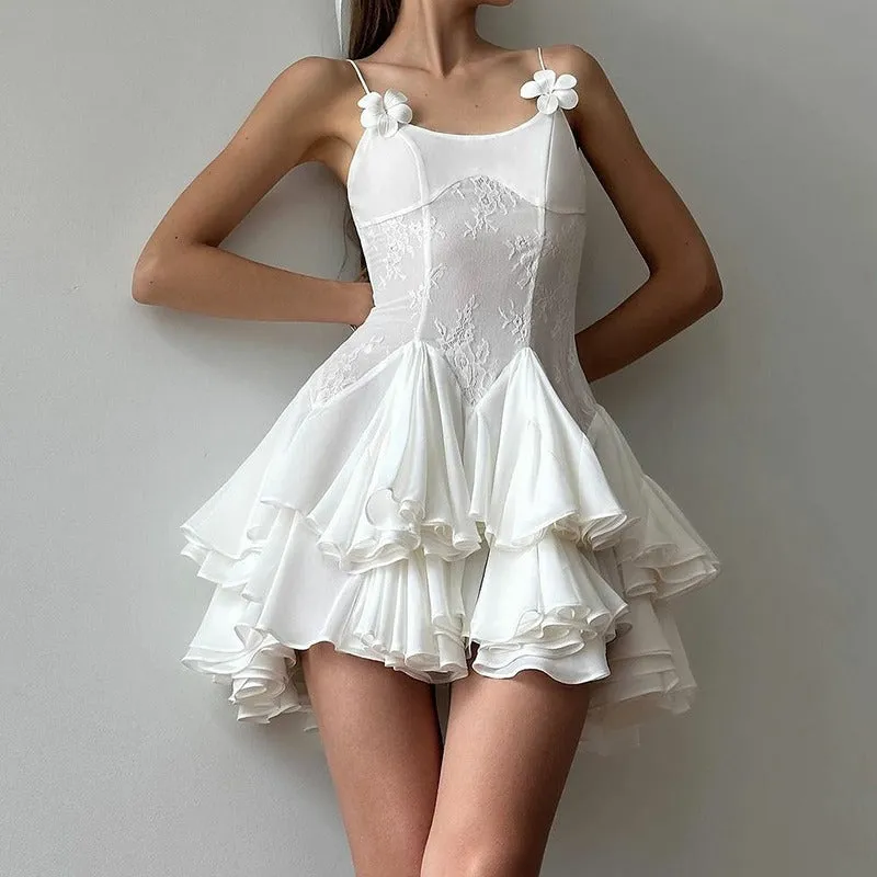 New Hot Trade European and American Summer Pure Desire Semi-Transparent Lace Dress Hot Girl Short Skirt Socialite Backless Pettiskirt