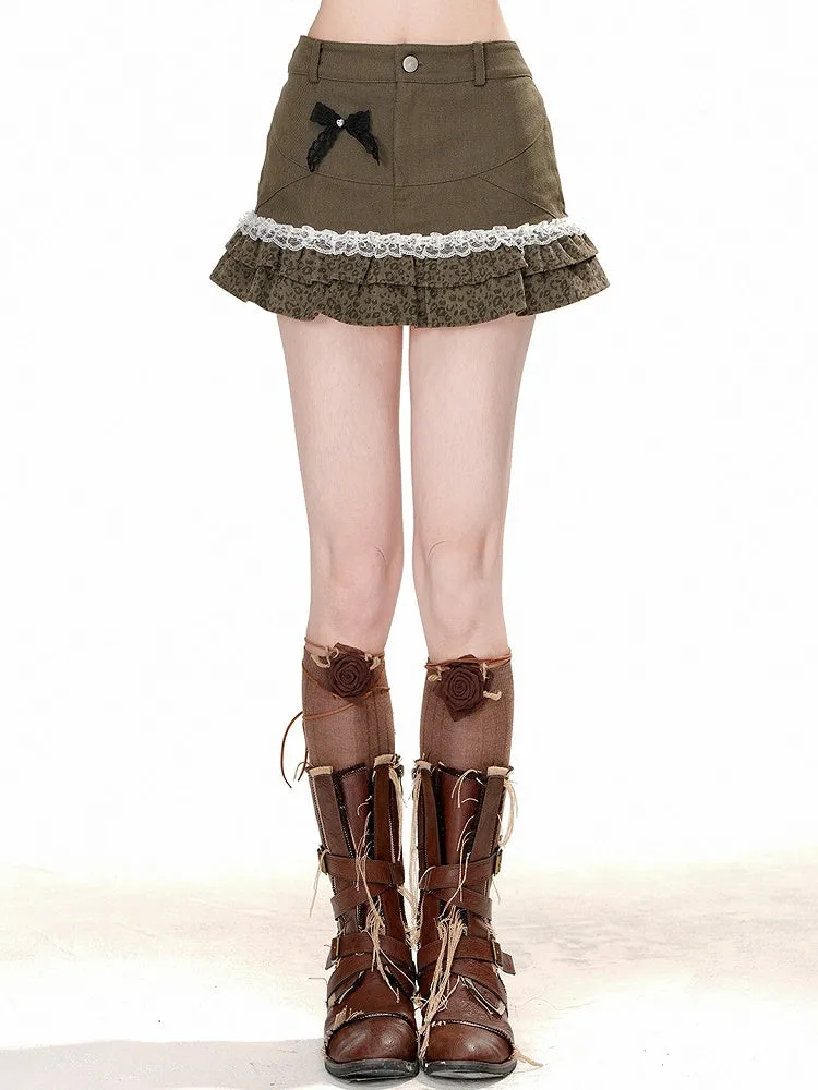 Print Leopard and with Skirt Hem Bow Brown Ruffled Mini Detail