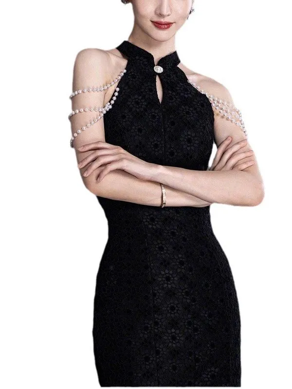 Production Jinchen Same Style Black Summer Women's Lace Dress Sexy Temperament Slim-Fit Figure Flattering Cheongsam Dress