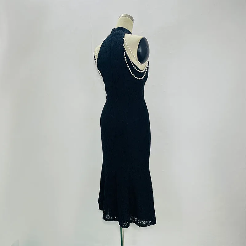 Production Jinchen Same Style Black Summer Women's Lace Dress Sexy Temperament Slim-Fit Figure Flattering Cheongsam Dress
