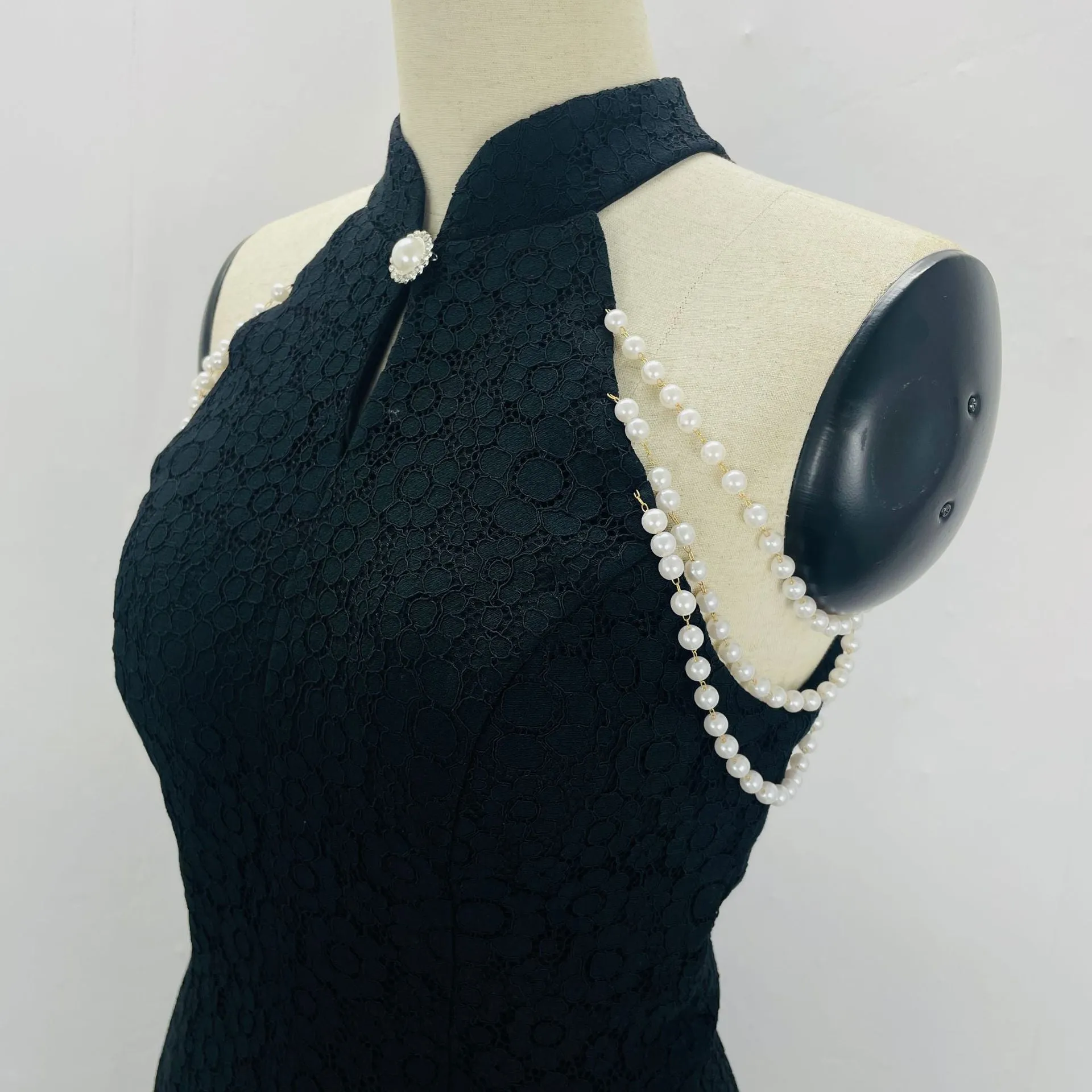 Production Jinchen Same Style Black Summer Women's Lace Dress Sexy Temperament Slim-Fit Figure Flattering Cheongsam Dress