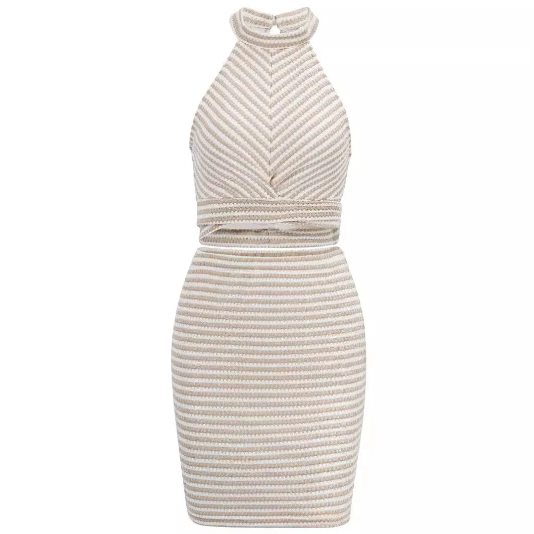 Pure Color Halter Midriff Outfit Top Strap Suit Skirt