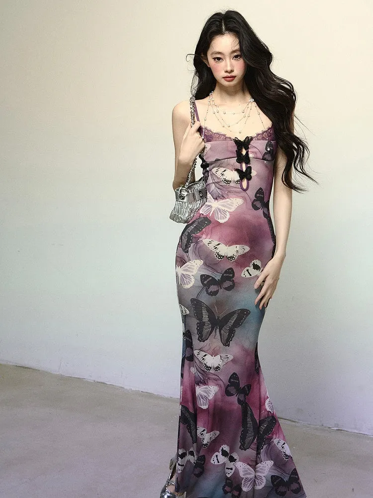 Purple Butterfly Print Cutout Detail Mermaid Skirt Slip Dress