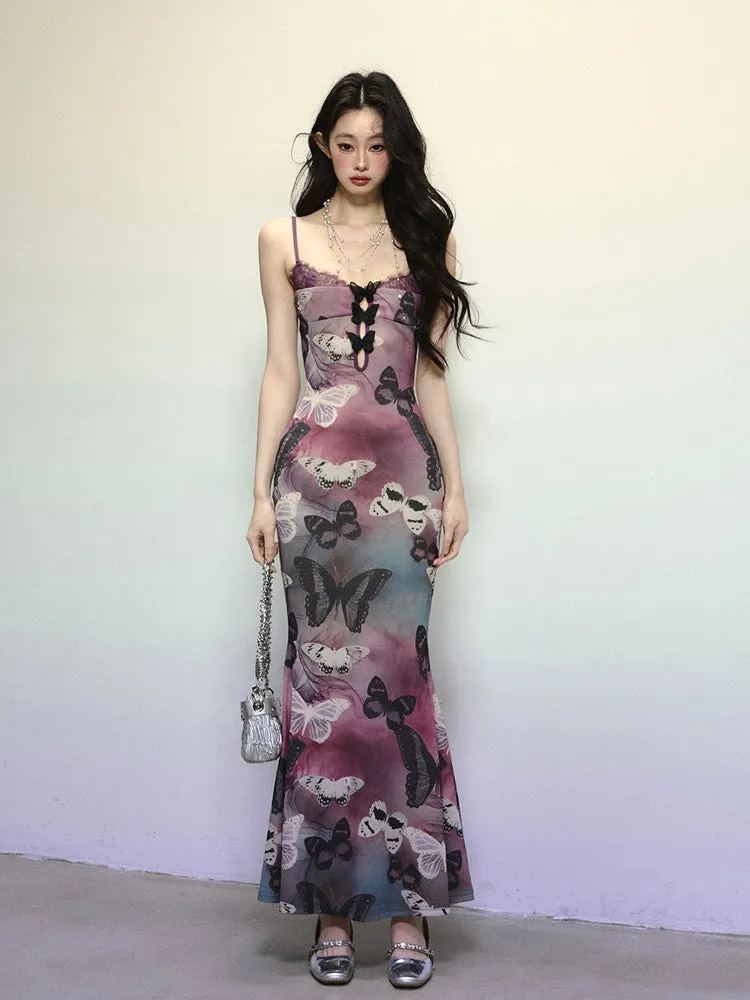 Purple Butterfly Print Cutout Detail Mermaid Skirt Slip Dress