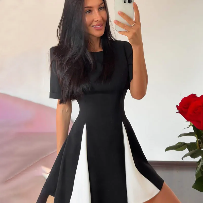 REALAIOT  Sanhu Lianjiang H24DS308 2025 women's clothing splicing black and white contrasting color round neck short sleeve waist short skirt cross-border wholesale