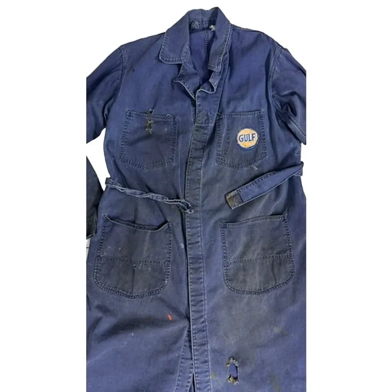 Retro Gulf OIL 40s VTG Loev Bros Shop Coat Sz 44 Uniform Blue Mechanics