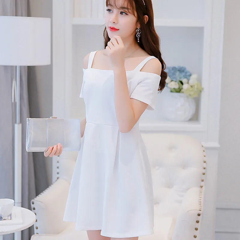 Spring Shoulder Strap Short Sleeve Expose Shoulders Dress