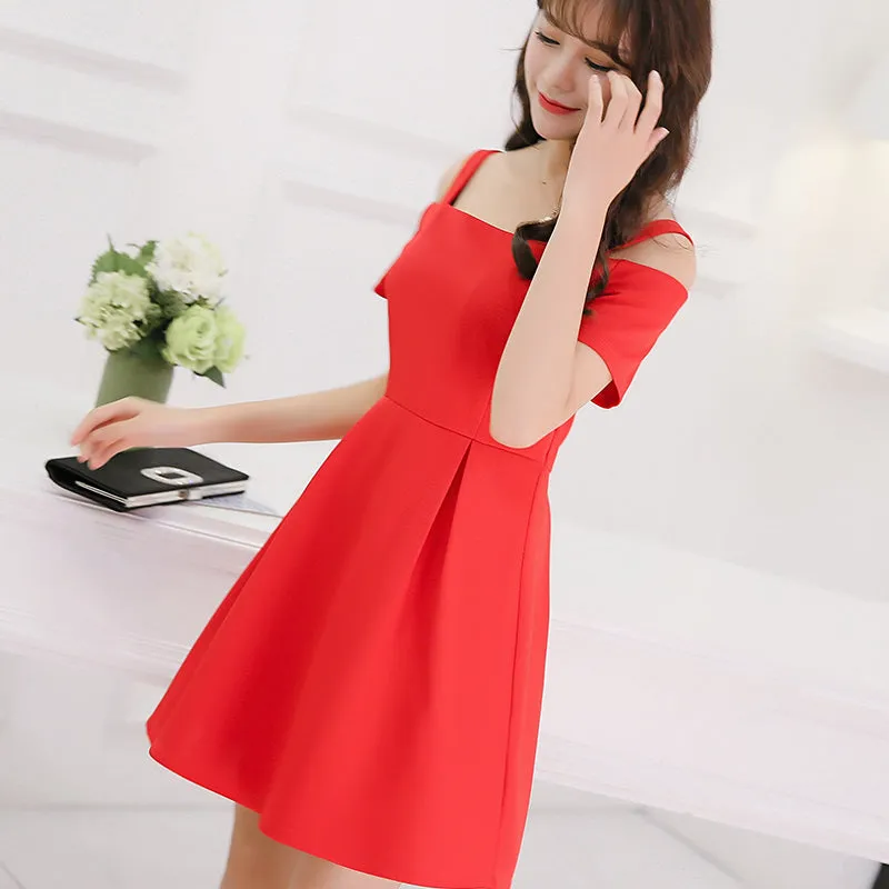Spring Shoulder Strap Short Sleeve Expose Shoulders Dress