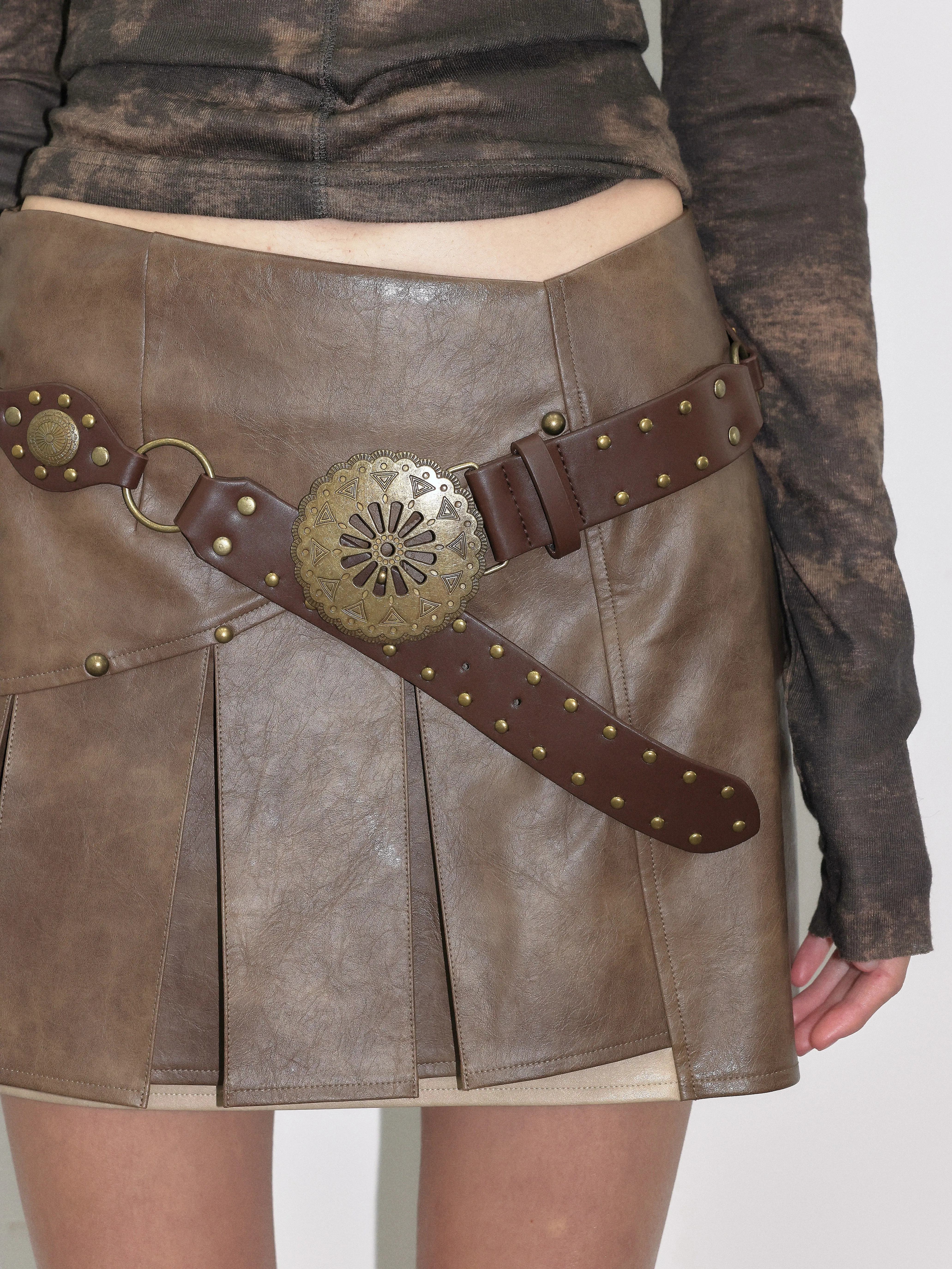 Studded Pleated Leather Skirt