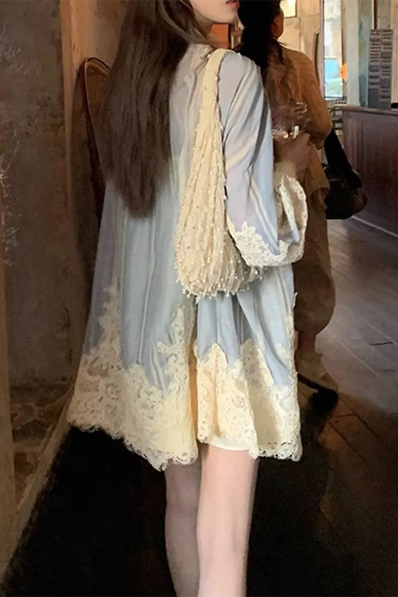 Sweet Elegant Solid Lace Frenulum Contrast O Neck Long Sleeve Two Pieces