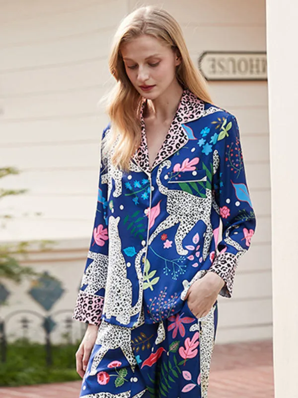 Women's printed long-sleeved shirt and trousers 2-piece suit