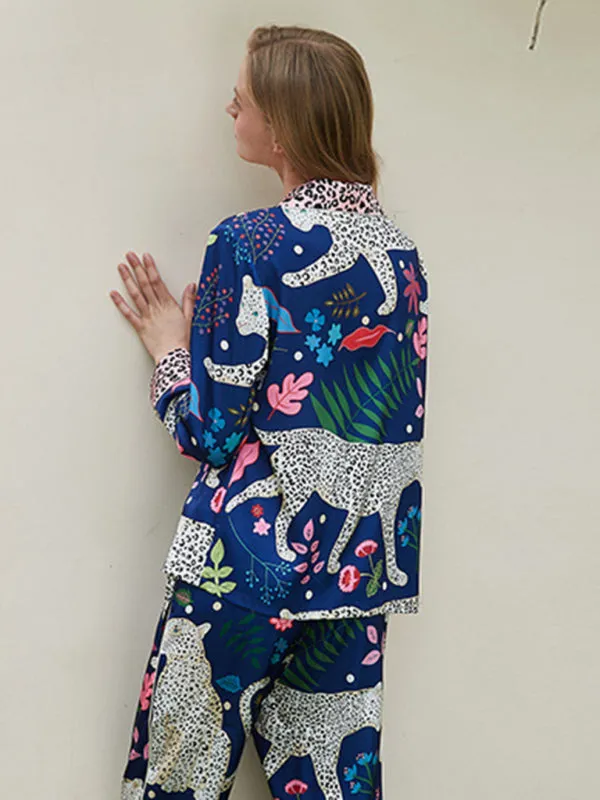 Women's printed long-sleeved shirt and trousers 2-piece suit