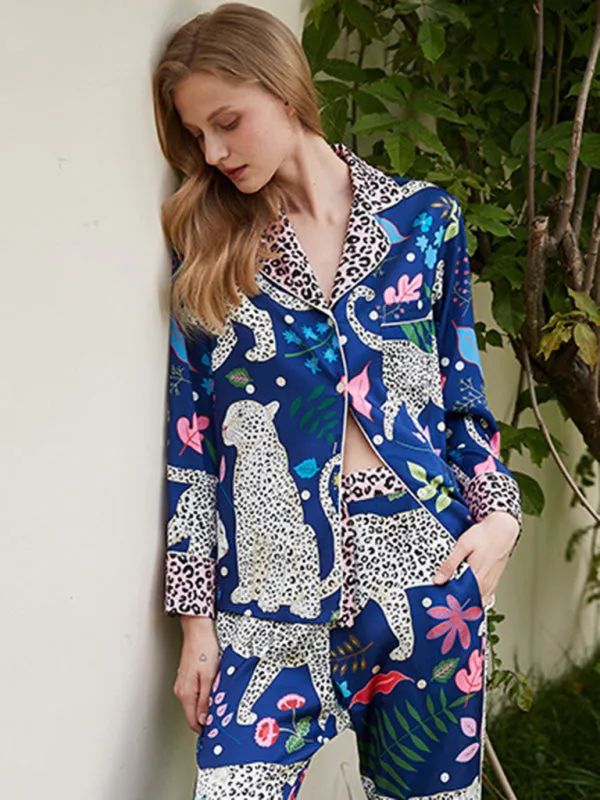Women's printed long-sleeved shirt and trousers 2-piece suit